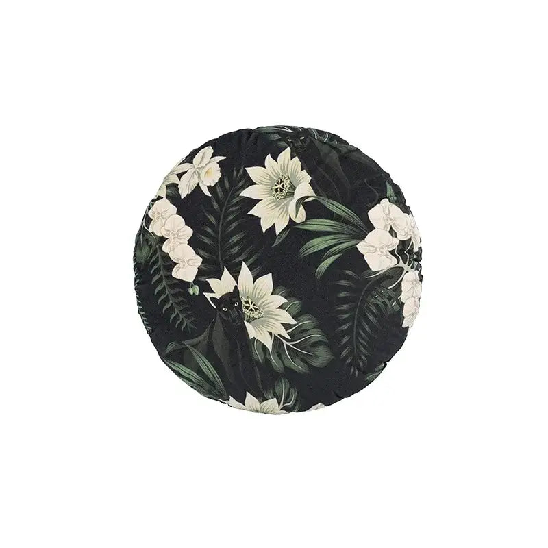 Black circular velvet cushion cover with tropical white orchids and green leaves decorbites jungle cartoon print for living room
