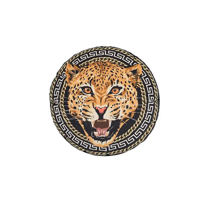 Beige cartoon print velvet cushion cover featuring a circular leopard head patch with decorbites jungle cartoon design
