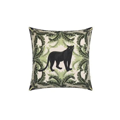 Beige velvet square cushion cover with black panther cartoon print and leopard trim for decorbites jungle cartoon decor