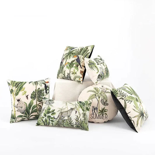 Beige velvet cushion cover with cartoon print and black trim featuring decorbites jungle cartoon for living room decor