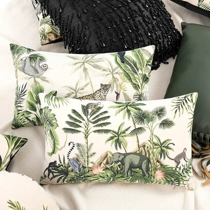 Beige cartoon print velvet cushion cover with tropical jungle decor featuring green foliage elephants and sloths