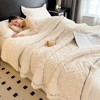 Beige carved velvet warmth blanket with cream plush texture diamond pattern and black stitched edges decorbites carved velvet