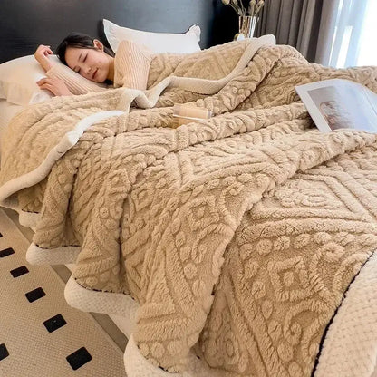 Beige carved velvet warmth blanket with textured geometric pattern and soft white lining for bedroom or sofa decorbites carved velvet