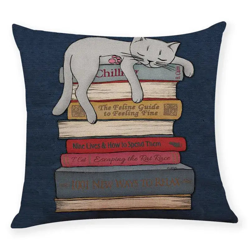 Navy blue cushion cover 45x45cm with beige cat and books design by decorbites creative cat for living room decor