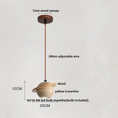 Beige cave stone led pendant light with wood ring featuring a yellow travertine sphere and adjustable copper wire by decorbites cave stone