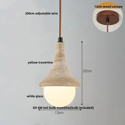 Beige cave stone led pendant light with textured yellow travertine shade and copper wire suspension for living room decorbites cave stone