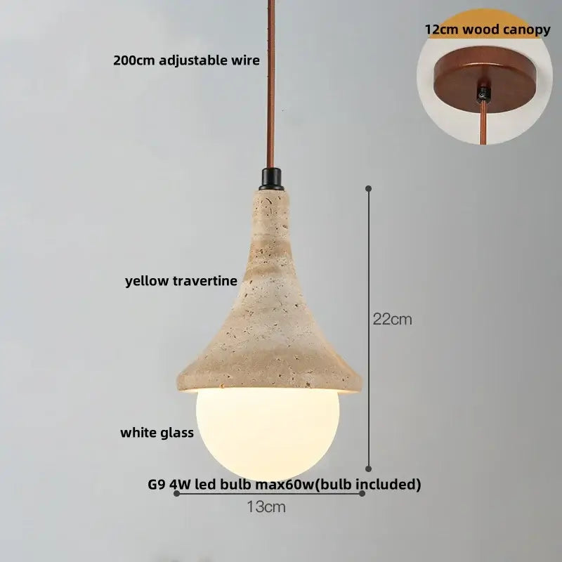 Beige cave stone led pendant light with textured yellow travertine shade and copper wire suspension for living room decorbites cave stone