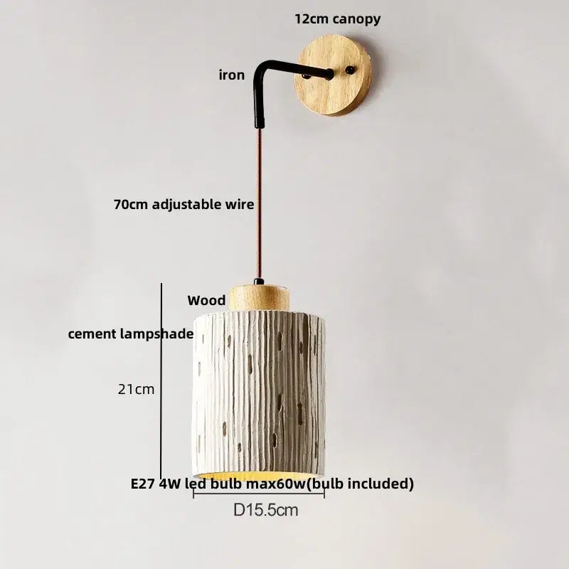 Beige wall sconce with decorbites cement shade wood featuring vertical grooves and natural wood top for bedroom decor