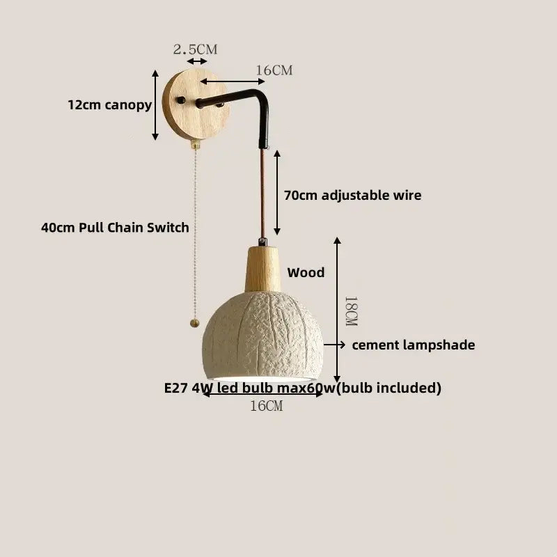 Beige cement shade wood wall sconce with rustic wood canopy black metal arm switch decorbites cement shade for bedroom decor