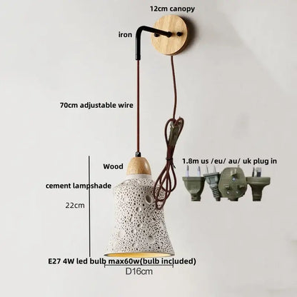Beige cement shade wood wall sconce with a textured perforated white cement lampshade hanging from wooden canopy decorbites cement shade