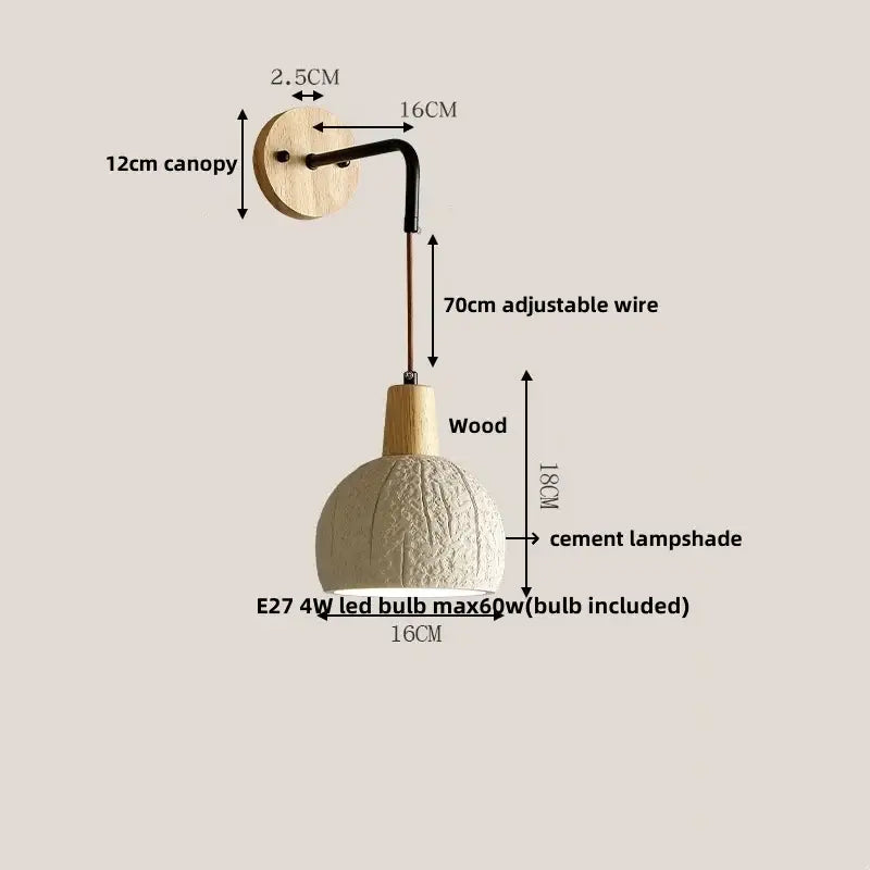 Beige ceramic wall sconce with pull chain switch, textured cement shade, wooden canopy, and adjustable black wire arm