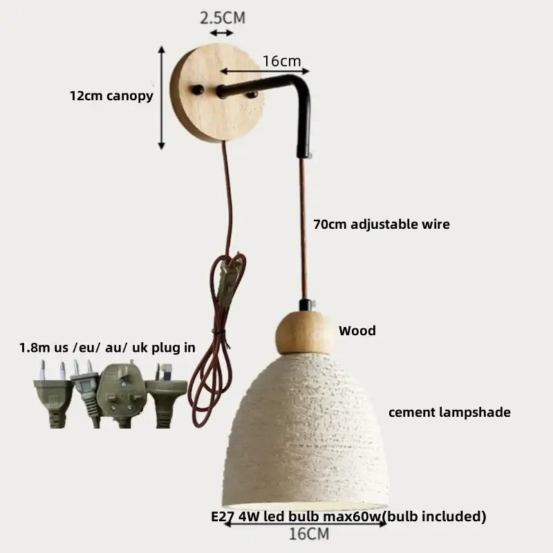 Beige ceramic wall sconce with textured off-white shade and pull chain switch mounted on rustic wooden canopy