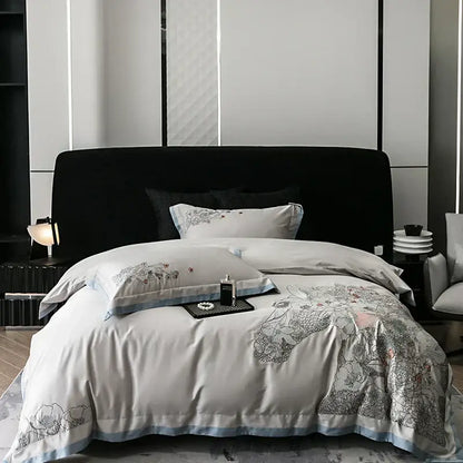 Elegant white satin bedding set with gray and blue floral embroidery for decorbites cotton flowers horse decor