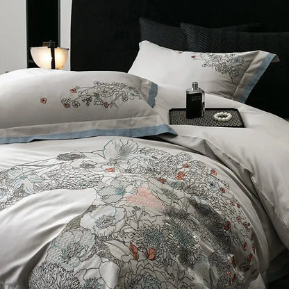 White satin bedding set with delicate gray black and blush pink floral embroidery for decorbites cotton flowers horse
