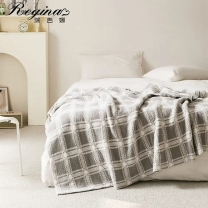 Beige and cream fluffy stripe plaid microfiber throw blanket with gray and white plaid soft textured weave decorbites fluffy stripe