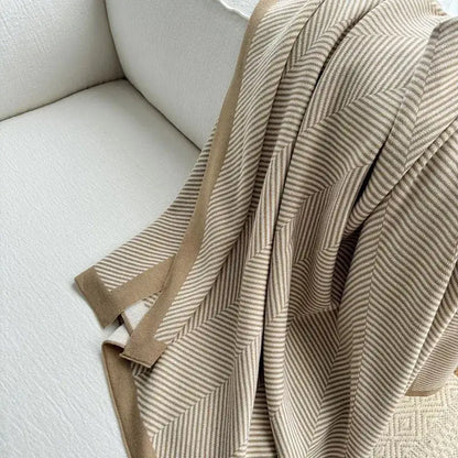 Beige and cream herringbone cozy striped blanket with a solid border soft knit throw for living room decorbites cozy striped