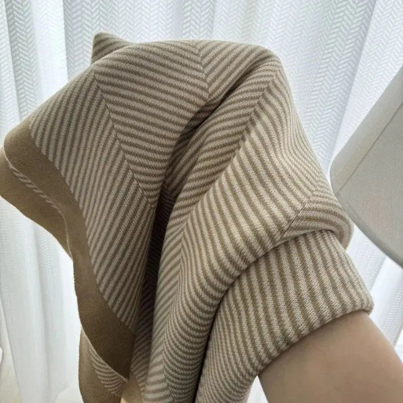 Beige and cream herringbone cozy striped blanket throw with ribbed knit texture perfect for decorbites cozy living room decor