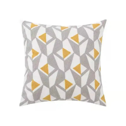 Beige daisy floral geometric pillow cover with gray white and mustard yellow triangle pattern for living room decor