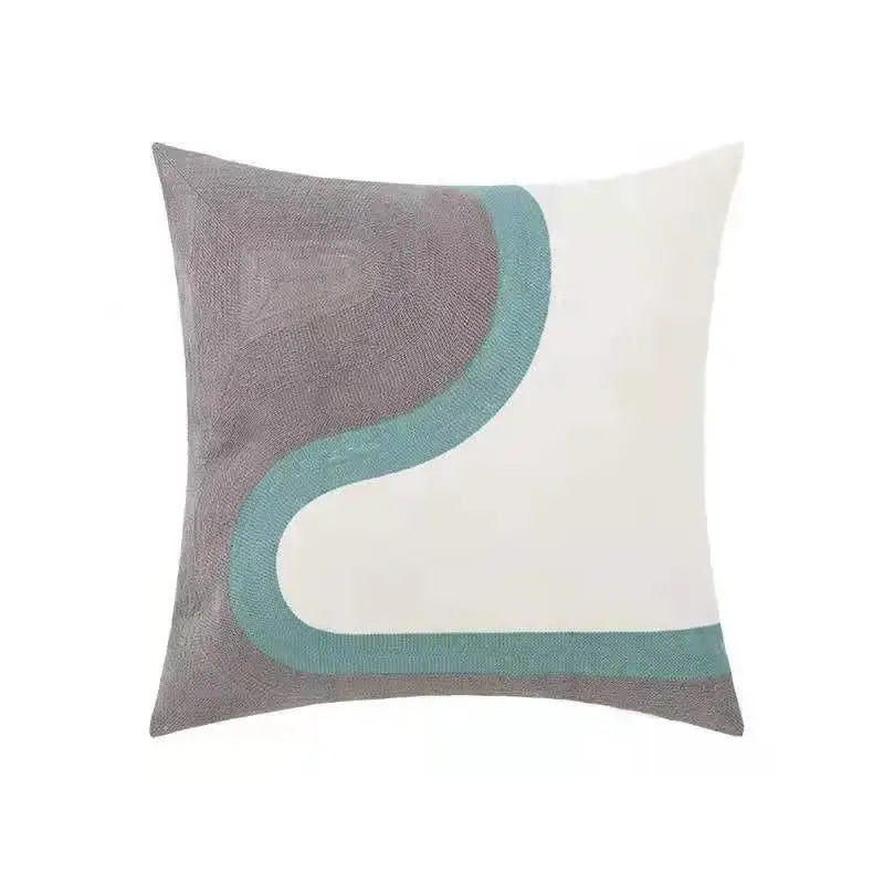 Square throw pillow cover with daisy floral geometric design in textured gray cream and teal fabric for decorbites decor