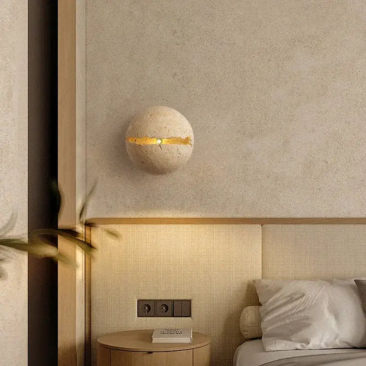 Beige dino egg stone wall lamp with gold accent and horizontal strip for bedroom decorbites wall lamp decor