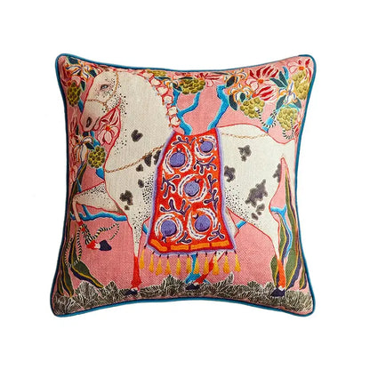 Beige pillow case featuring vibrant bird pattern art with a stylized white horse and ornate saddle for living room sofa