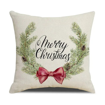 Beige linen throw pillow with merry christmas design featuring green pine branches and red bow for decorbites cartoon birds decor
