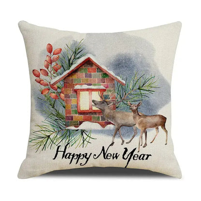 Beige linen throw pillow with watercolor deer and brick house design featuring pine branches and birds christmas pillowcase decorbites cartoon birds