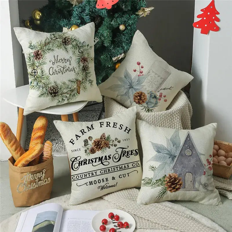 Beige embroidered cartoon birds christmas pillowcase with pinecones holly and festive decorbites cartoon birds design