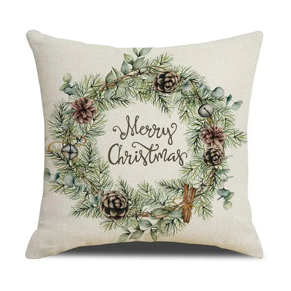 Beige linen throw pillow with festive wreath design featuring green pine needles brown pinecones and silver bells decorbites cartoon birds christmas pillowcase