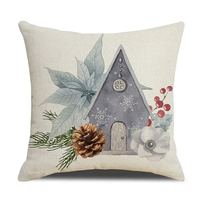 Beige linen throw pillow with watercolor a-frame house and festive winter elements for decorbites cartoon birds christmas decor
