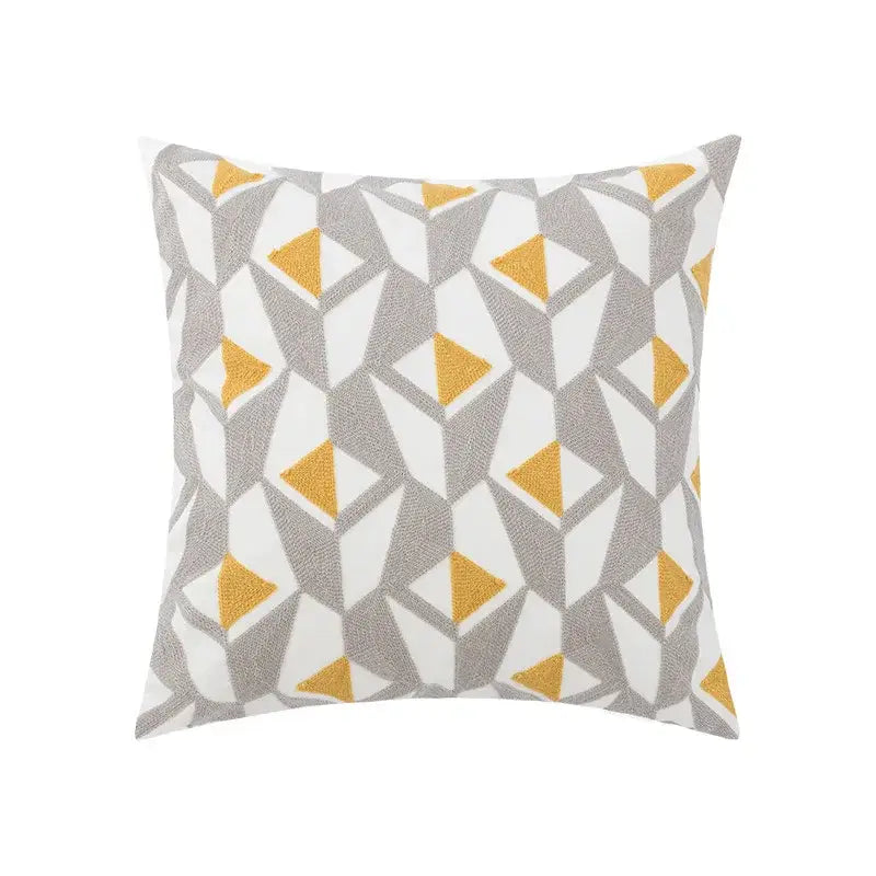 Square throw pillow cover with embroidered gray and mustard-yellow geometric triangles and daisy floral decor