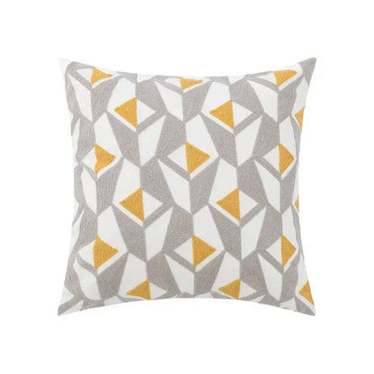 Square throw pillow cover with embroidered gray and mustard-yellow geometric triangles and daisy floral decor