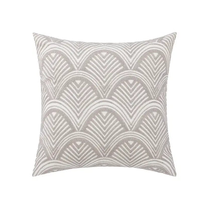 A square pillow cover with a textured gray and white wave pattern complementing embroidered daisy floral decor