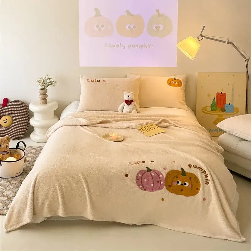 Beige embroidered teddy fleece blanket featuring cream plush fabric with cartoon pumpkins and cozy teddy fleece design
