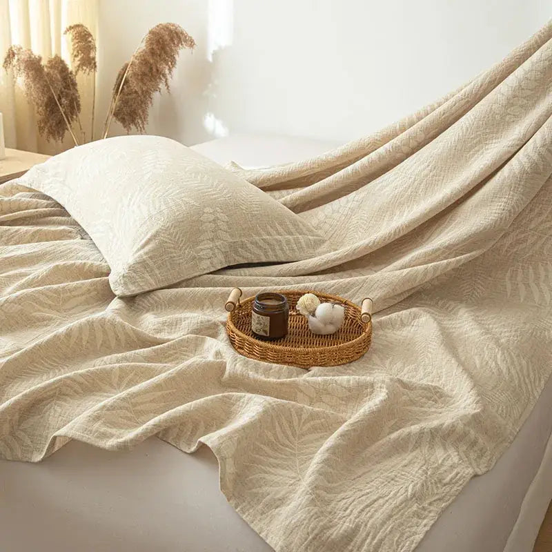 Beige fern leaf cotton linen bed sheet set featuring a subtle woven pattern for bedroom bedding use