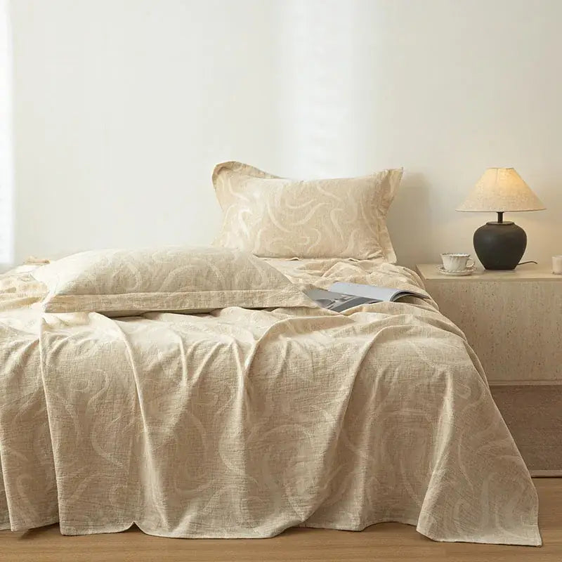 Beige fern leaf cotton linen bed sheet set featuring subtle woven paisley pattern for bedroom bedding