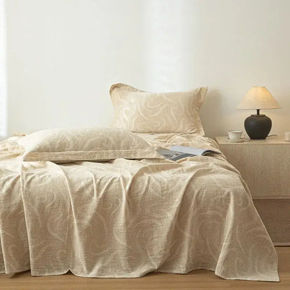 Beige fern leaf cotton linen bed sheet set featuring subtle woven paisley pattern for bedroom bedding