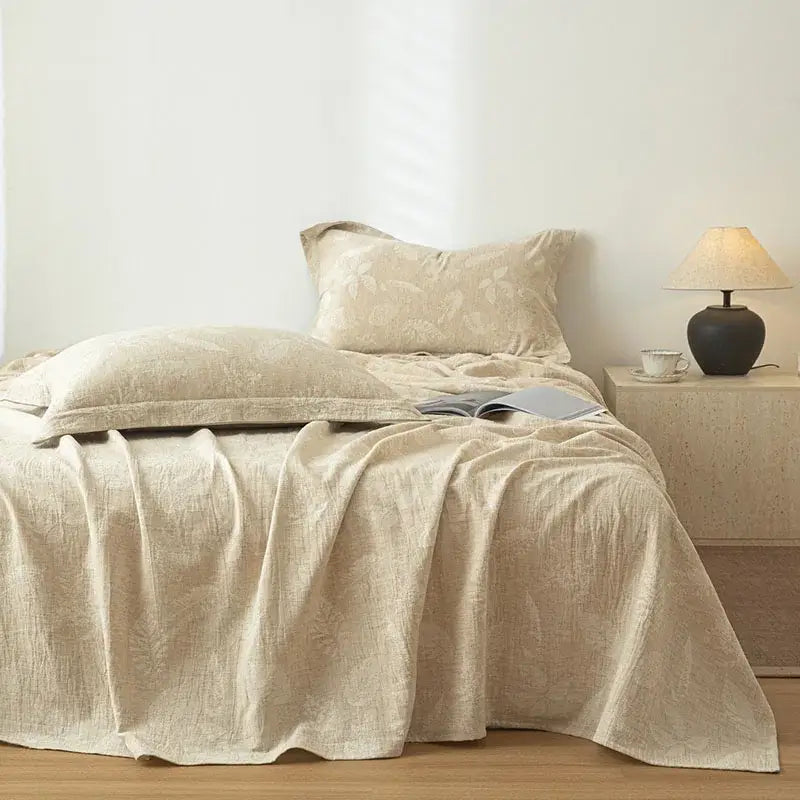 Beige fern leaf cotton linen bed sheet set with subtle leaf embroidery for elegant bedroom bedding