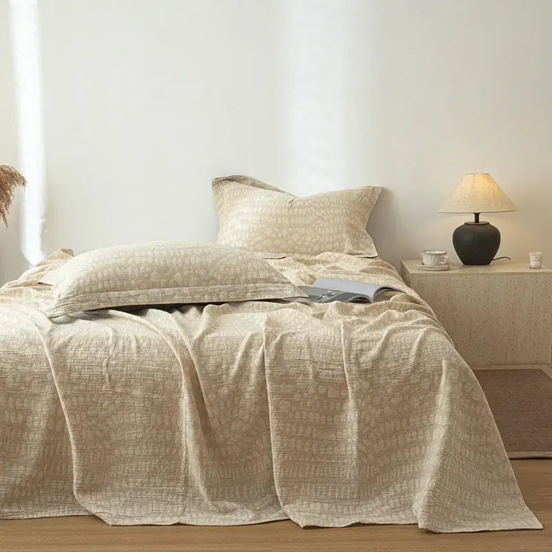 Beige fern leaf cotton linen bed sheet set with textured geometric pattern on bed sheet for bedroom bedding