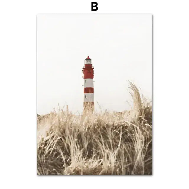Decorbites™ wall art canvas print featuring a red and white striped lighthouse with beige flower grass background