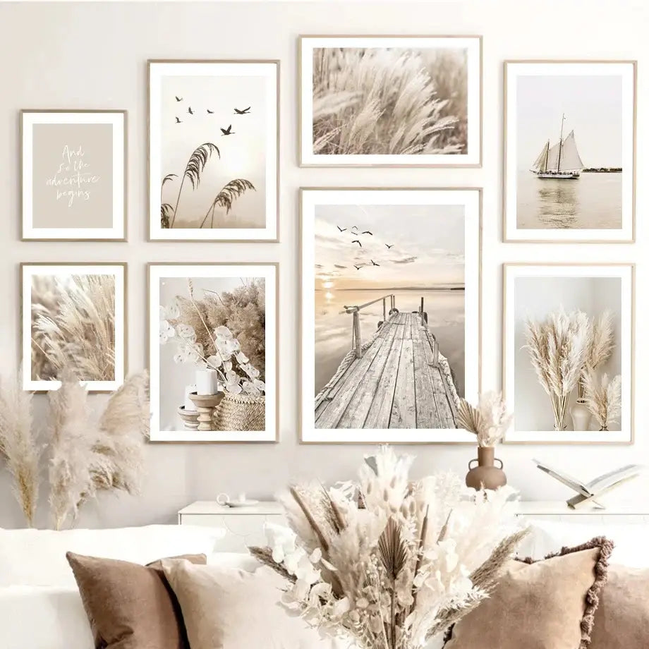 Set of six DecorBites™ beige flower grass wall art prints with serene nature scenes in minimalist white frames