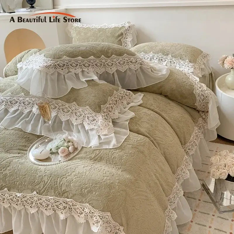 Beige embroidered velvet bedding set with delicate white decorbites french lace ruffles for elegant bedroom decor