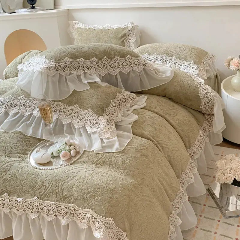 Beige quilted velvet bedding set with delicate white french lace ruffles for elegant bedroom decorbites french lace decor