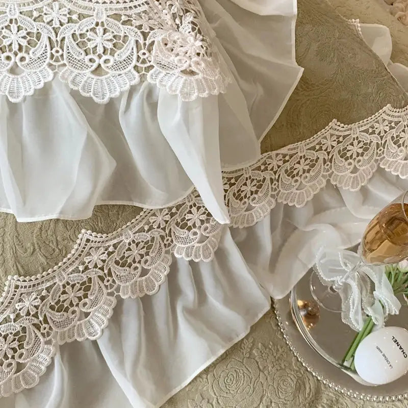 Beige french lace ruffles velvet bedding set featuring white lace trim with intricate floral patterns for elegant decorbites french lace bedroom decor