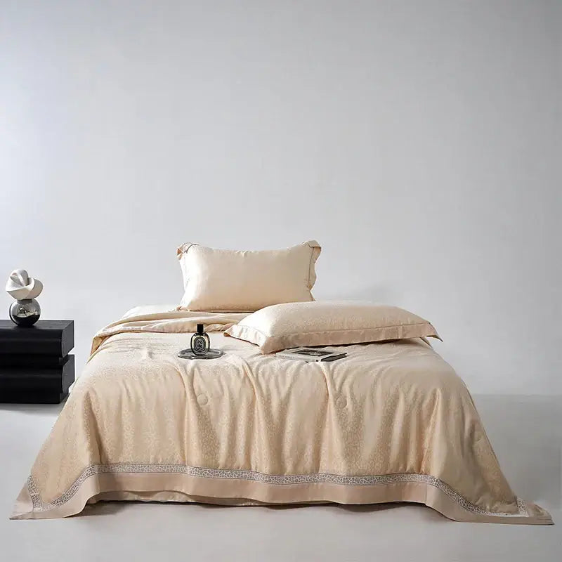 Beige satin bedding set with subtle gold embroidery and lace trim from decorbites leopard jacquard summer collection