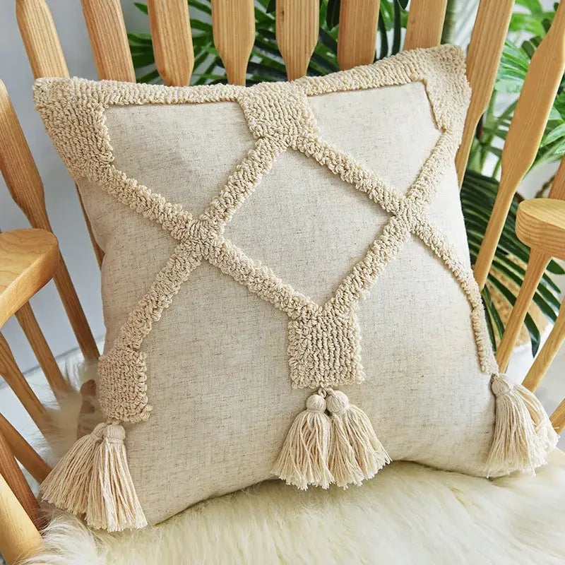 Beige handmade geometric tufted pillowcase set with textured woven diamond pattern and matching tassels for bedroom decor
