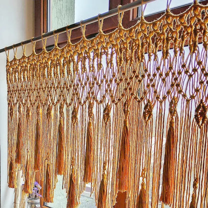 Beige handwoven macrame window curtain with golden intricate knotwork and tassels for living room decorbites handwoven macrame