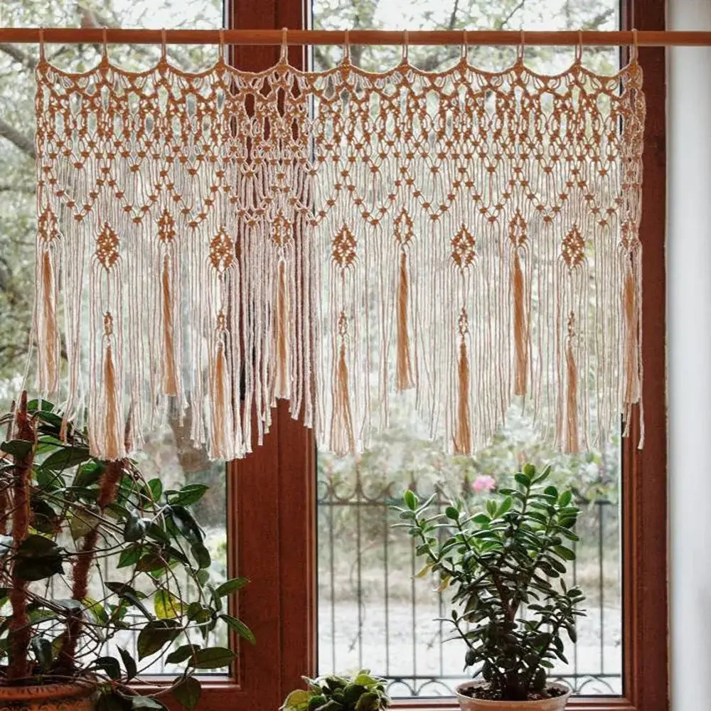 Beige decorbites handwoven macrame window curtain with intricate geometric patterns and tassels for living room decor