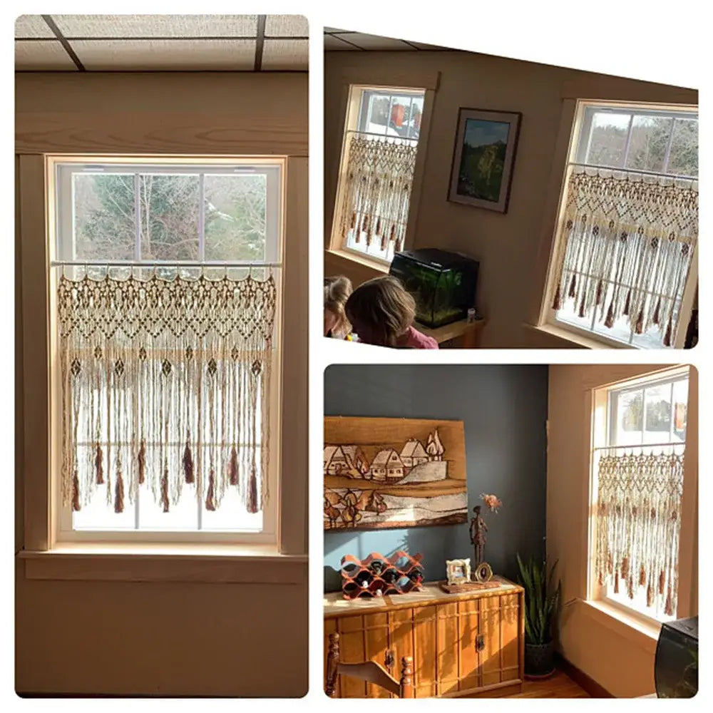 Beige decorbites handwoven macrame window curtain with brown tassels and geometric knots for living room decor