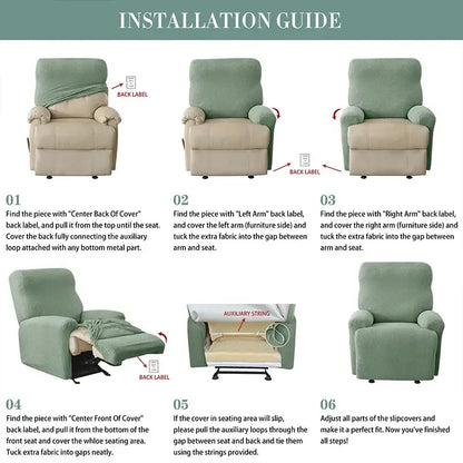 Green textured slipcover for recliner chair made of velvet plush fabric suitable for living room use